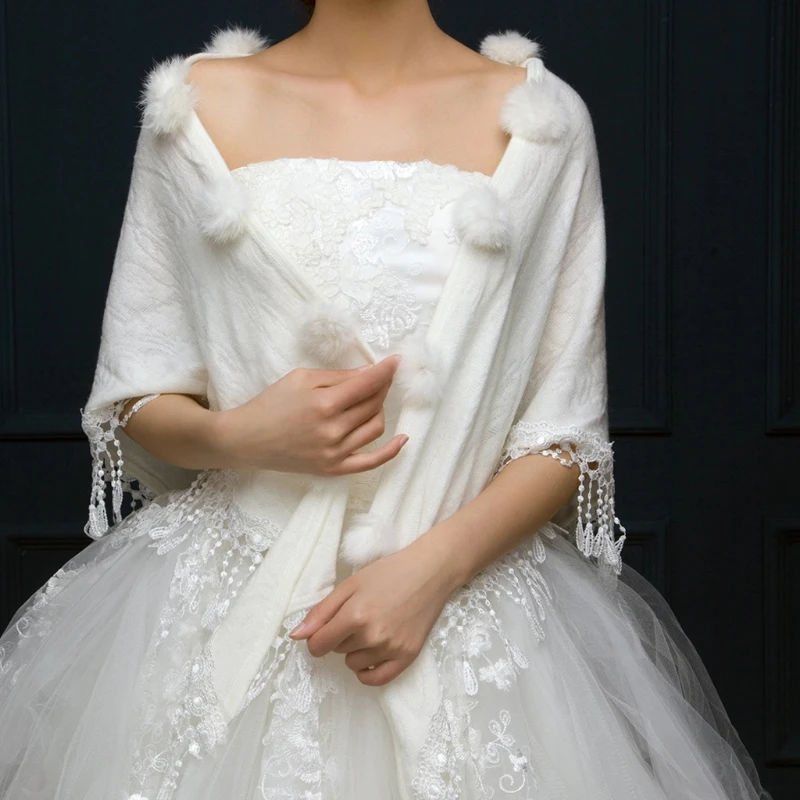 Элегантные Свадебные накидки шали зимние треугольные свадебные куртки белые женские помпон-кисточка Болеро