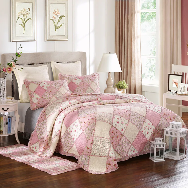 

Pink Floral Princess Bedding 100%Cotton Patchwork Bedspread Bed cover set for Kids Adults Quilt Blanket Bright Vibrant Blossom
