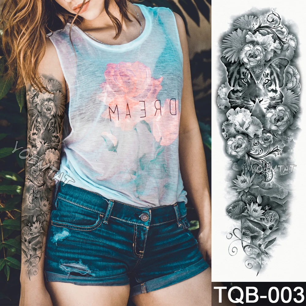 

New 1 Piece Temporary Tattoo Sticker Tiger flower lotus pattern Full Flower Tattoo with Arm Body Art Big Large Fake Tattoo