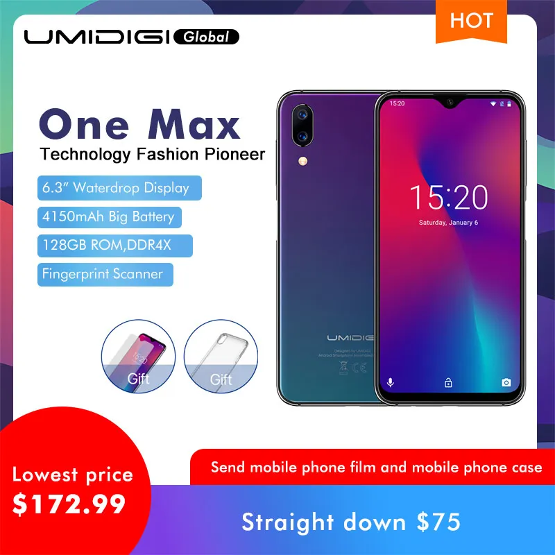 UMIDIGI One Max, глобальная версия, 4 Гб, 128 ГБ, 6,3 дюйма, полноэкранный, 4150 мАч, двойная камера, смартфон, NFC, Беспроводная зарядка, распознавание лица