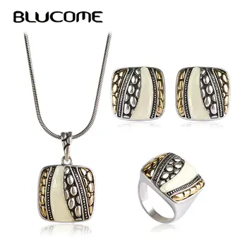 

Blucome White Black Shell Jewelry Sets French Hooks Stud Earrings Square Necklace Earring Ring Set Colar Pendant Max Brinco Anel