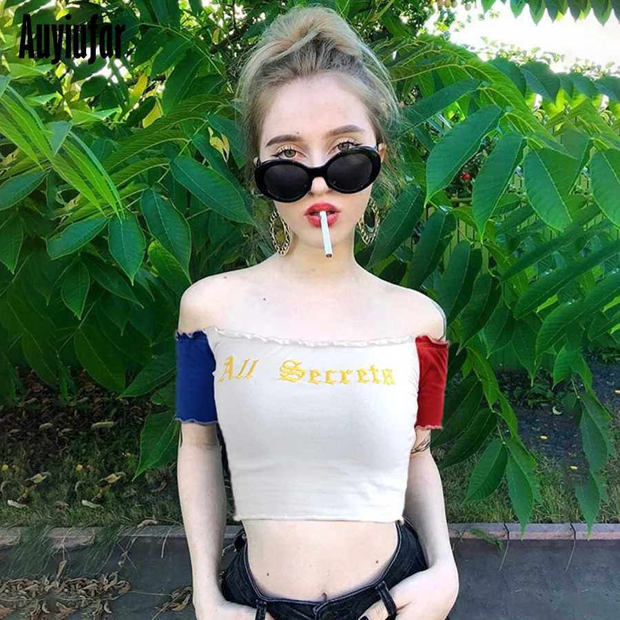 

Auyiufar Gothic Off Shoulder Top T Shirt Women Cotton White Holographic Tumblr Short Sleeve Embroidery Summer Sexy Short Shirt