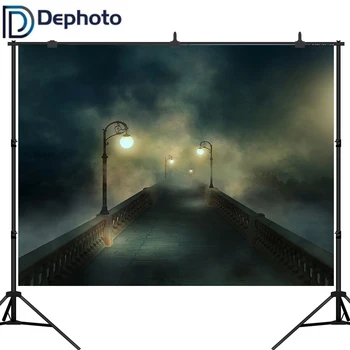

Dephoto Halloween Photography Backdrop Dark Foggy Blurred Bridge Street Light Background photo studio camera fotografica