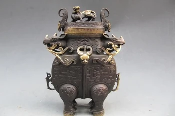 

Chinese refined craftwork Pure Bronze Ox Bull God Zun With Foo Dog Lion Censer