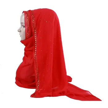 

Summer Premium Pearl Chiffon Scarf Glitter Rhinestone Decor Arab Muslim Women Hijab Headscarf With Rhinestone Shimmer Long Shawl