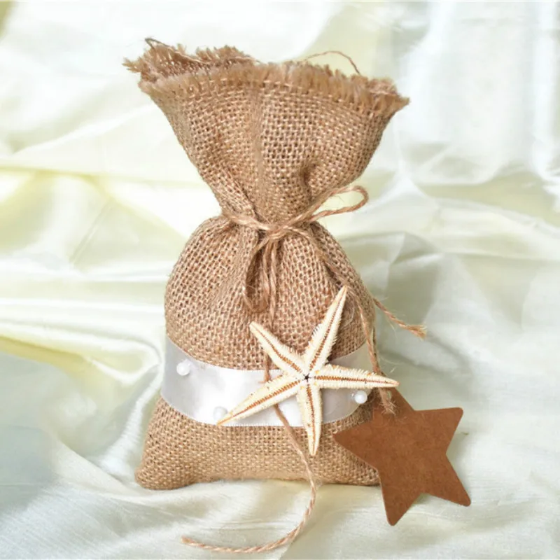 

11.5x19cm Jute Gift Bag with Starfish Linen Jute Sack Pouch Drawstring Gift Bags Candy Bags Wedding Supplies include rope card