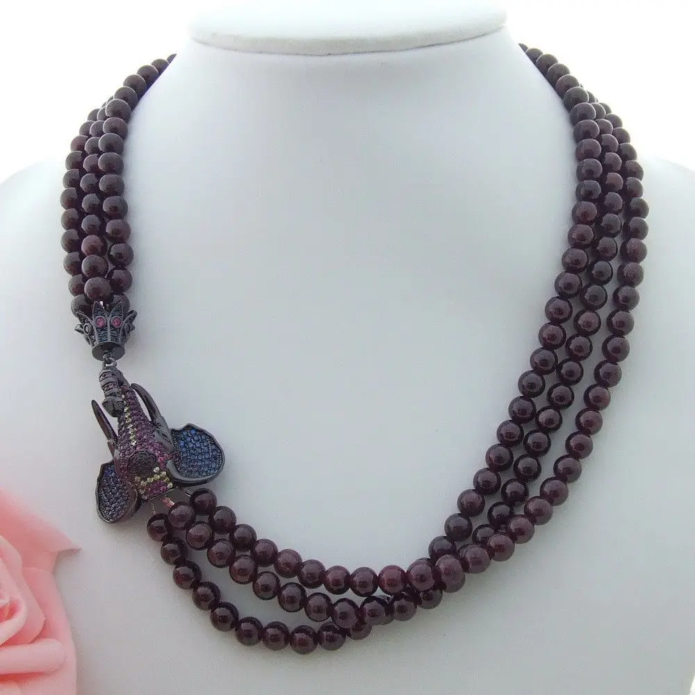 

AB101608 19'' 3 Strands Natural 6mm Garnet Necklace CZ Pendant