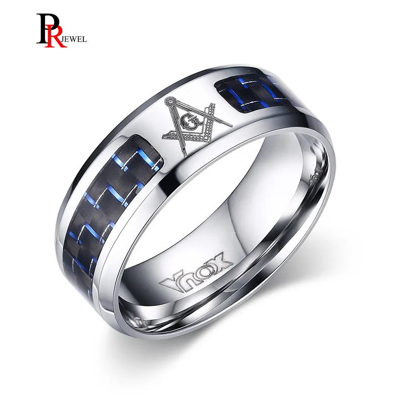 

Stylish Men's Masonic Rings 8MM Stainless Steel Blue Carbon Fiber Punk Male Finger Anel Accessories US Size 4 5 6 7 8 9 10 11 12