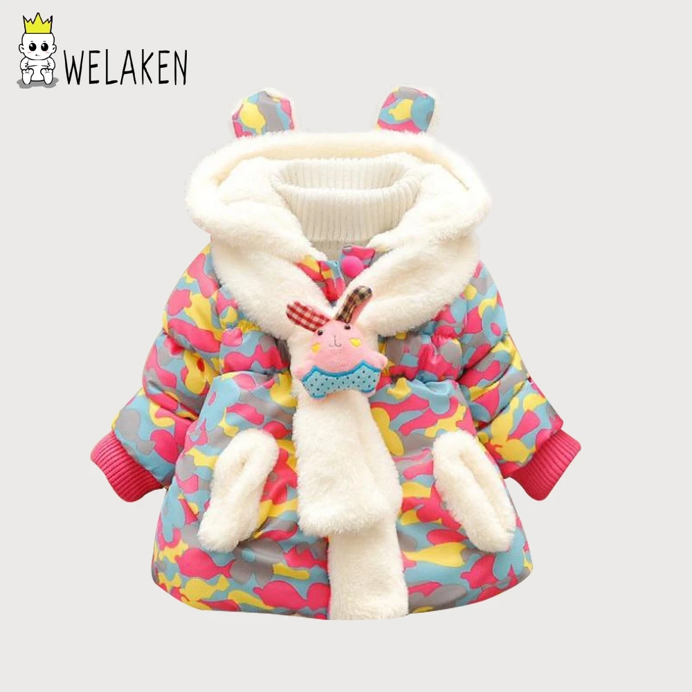 welaken Cute Rabbit Baby Winter Jacket Cotton-Padded Girl Outerwear Infant Kid Parka With Scarf Toddler Girl Snow Wear Baby Coat