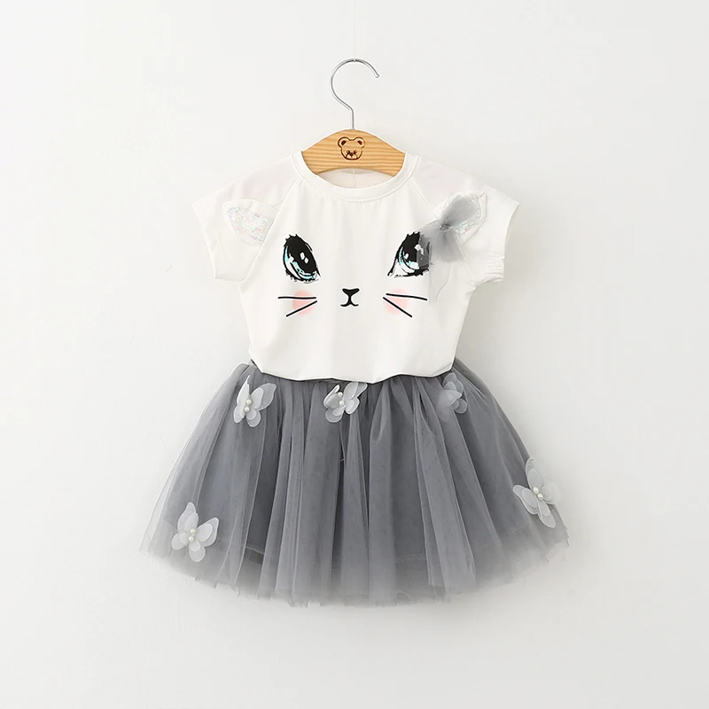 

Toddler Girl Dress Kids New Summer Casual Baby Gilrs Style Cartoon Kitten Printed T-Shirts+Net Dress 2Pcs For Girls Clothes 2-6Y