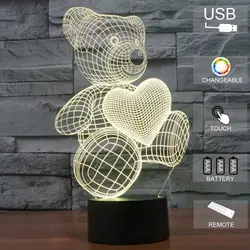 Прекрасный светодио дный 3D LED ночь 7 цветов Изменение RGB Touch Remote Объятия Медведь настольная лампа батарея украшения для мальчиков и девочек