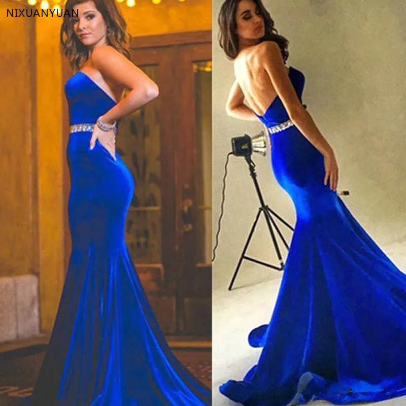 Royal Blue Evening Dresses Long 2019 Mermaid Velvet Beaded Sexy Backless Prom Gown Wear Formal Evening Robe De Soiree Royal Blue Evening Dresses Long 2019 Mermaid Velvet Beaded Sexy Backless Prom Gown Wear Formal Evening Robe De Soiree