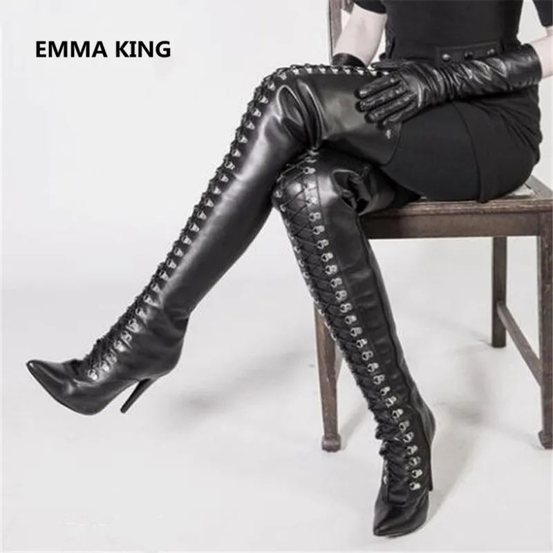 

Runway Black Leather Women Over The Knee Boots Pointed Toe Cross-Tied High Heels Shoes Woman Winter Thigh High Long Knight Boots