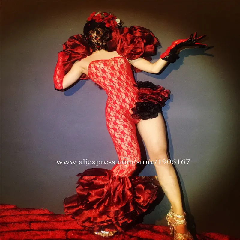 Red flowers lace dress dj ballroom dance costumes outfit rose party wears bar stage show catwalk performance clothe prom dj8