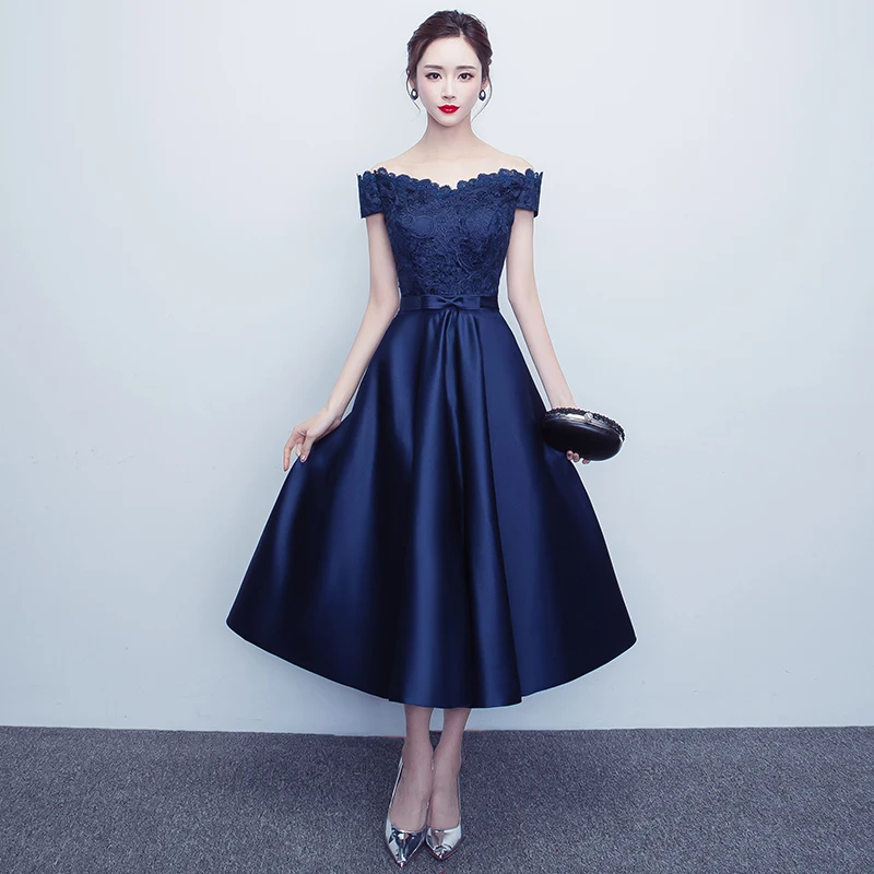 

Navy Blue Evening Dresses 2019 A-line Off The Shoulder Lace Formal Party Evening Gown Prom Dresses Prom Gown Robe De Soiree