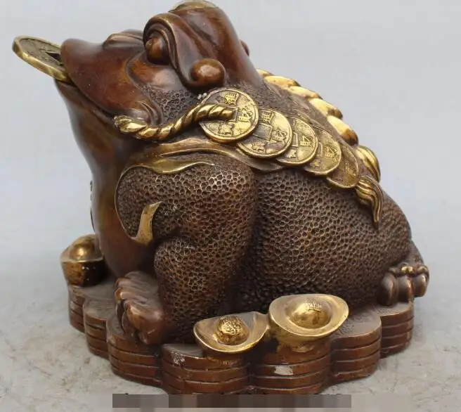 

S00104 11" Chinese Bronze Gilt Golden Toad Wealth Yuanbao Coin Statue B0403