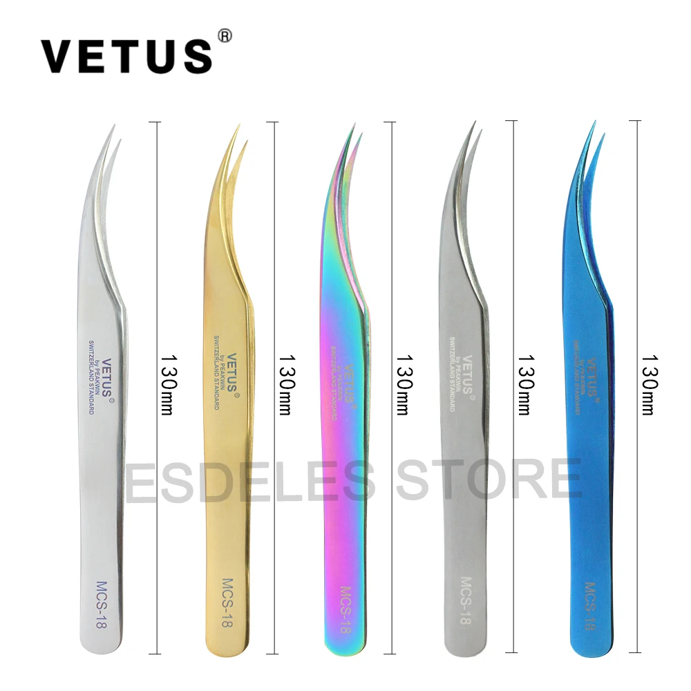 

10PCS Genunie VETUS MCS-18 Rainbow Tweezers False Eyelash Extension Tweezer Stainless Steel Curved Makeup Nail Art Colorful