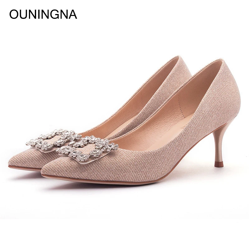

OUNINGNA Women's Wedding Shoes Bride Shoes 2019 New Pointed Toe Shallow High Heels Lady Elegant Pumps Single Shoes Free Shipping