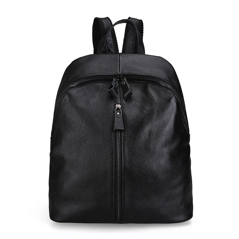 Korean Style Women Leather Backpack Fashion Zipper Black Color Genuine