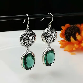 

Real Sterling Silver 925 Earrings Vintage Natural Stone Green Crystal Drop Earrings For Women Ladies Fine Jewellery