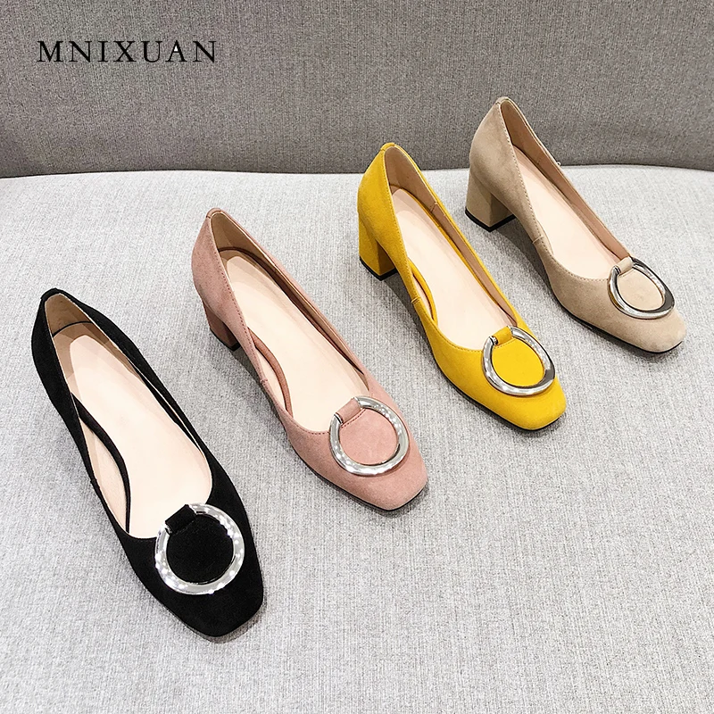 

MNIXUAN Office lady elegant women shoes thick high heels 2019 spring new sheep suede square toe silp on pumps big size 41 42 43