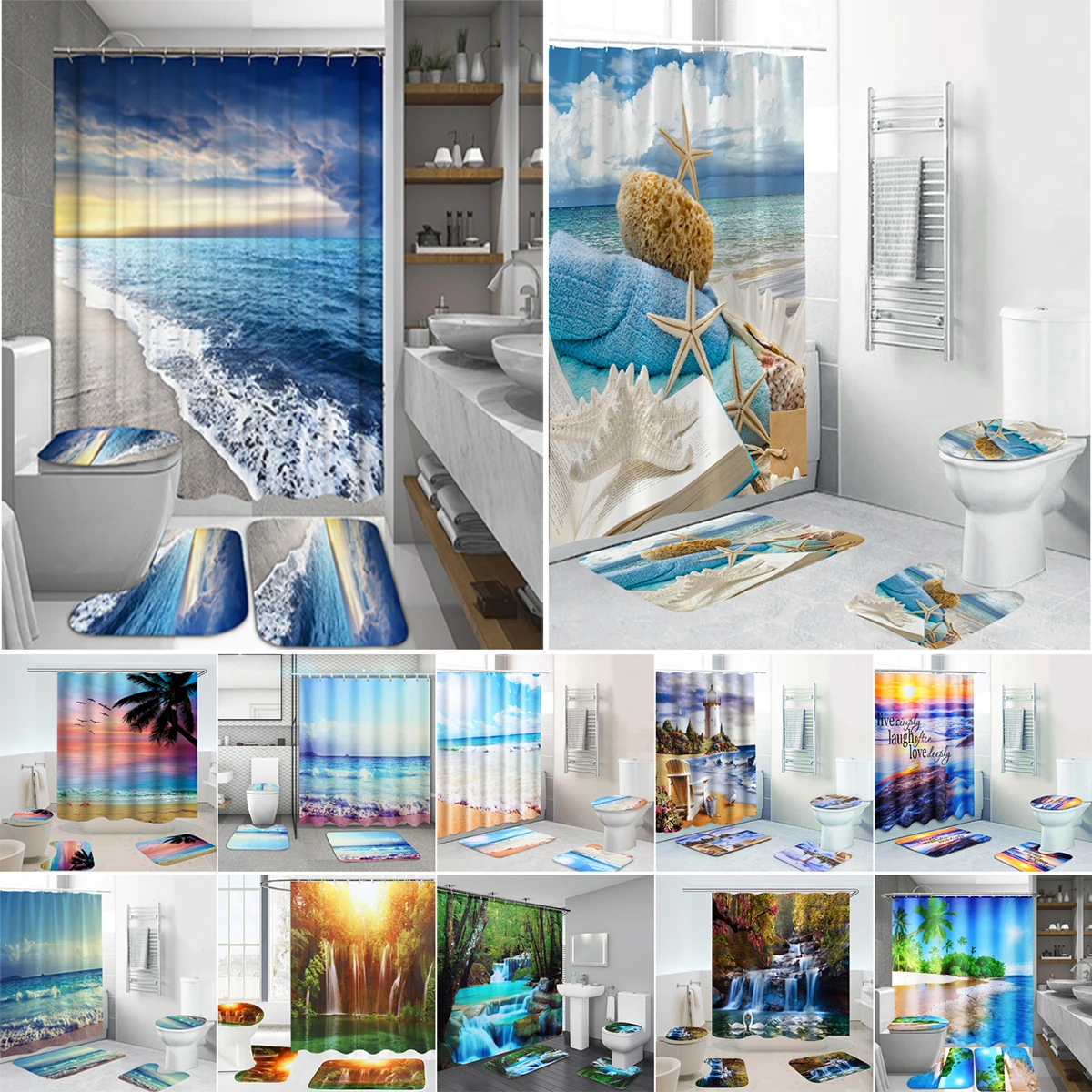 

Coastal Beach Scenery Printed Pattern Shower Curtain Pedestal Rug Lid Toilet Cover Mat Bath Mat Set Bathroom Curtains with Hooks