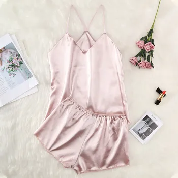 

women 2 piece set Solid Pink Sleepwear Sexy Passion Lingerie Babydoll Nightwear 2PC Set Shorts pyjama femme satin soie 50*