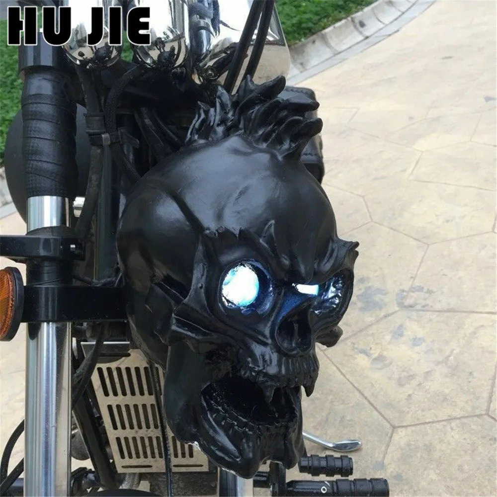 Мотоциклетный серебристый, черный светодиодный светильник с черепом, головной светильник для Harley Cruiser Chopper Bobber Touring Honda Yamaha Suzuki