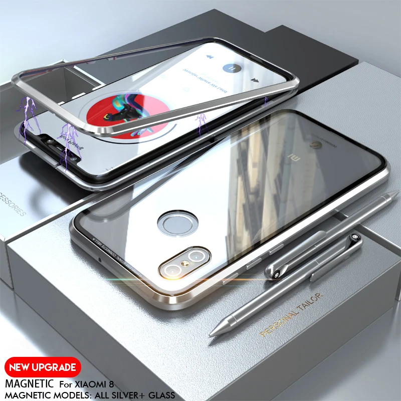 NYFundas Magnetic Adsorption Case For Xiao mi 8 Clear Tempered Glass + Built-in Magnet Case For Xiaomi 8 Metal Ultra Cover Back (13)