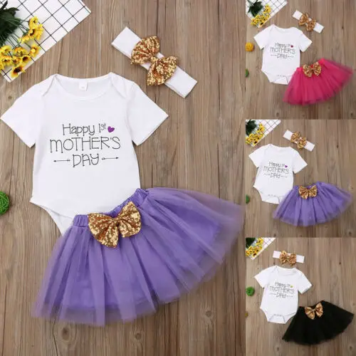 2019 New Fashion Mother s Day Newborn Baby Girl Outfits Romper TuTu Skirts Clothes 3Pc Set Kids Girls Clothing Set