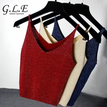 Geleier 2018 crop top Bright silk V collar blouses women’s t-shirt tank top Summer haut femme sexy tops for women Knit Camis