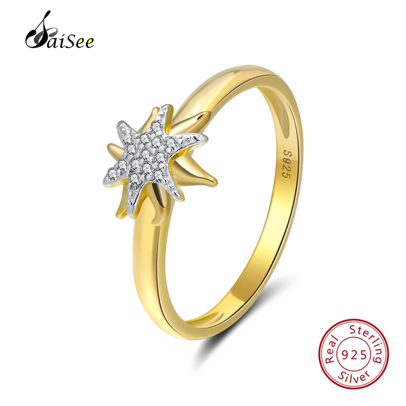 

SaiSee 100% 925 Sterling Silver Ring For Women Gold Color Starfish With Cubic Zirconia Wedding Jewelry Female Free Shipping