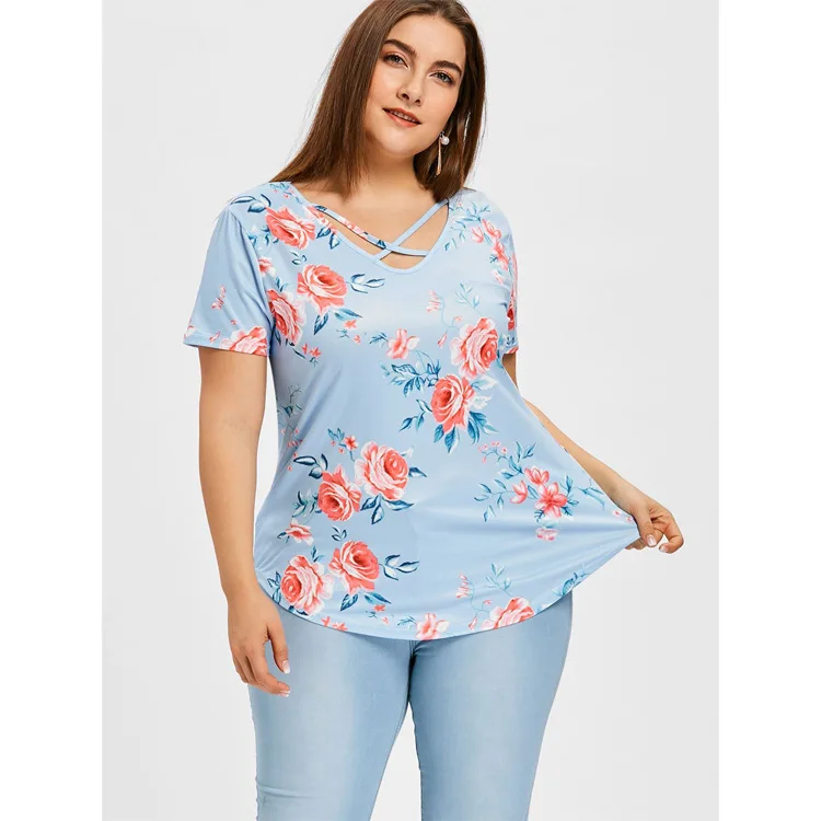 

Bachash Plus Size 5XL Spring And Summer New Large Size women's V-neck Print Curved Hem Shirt Top