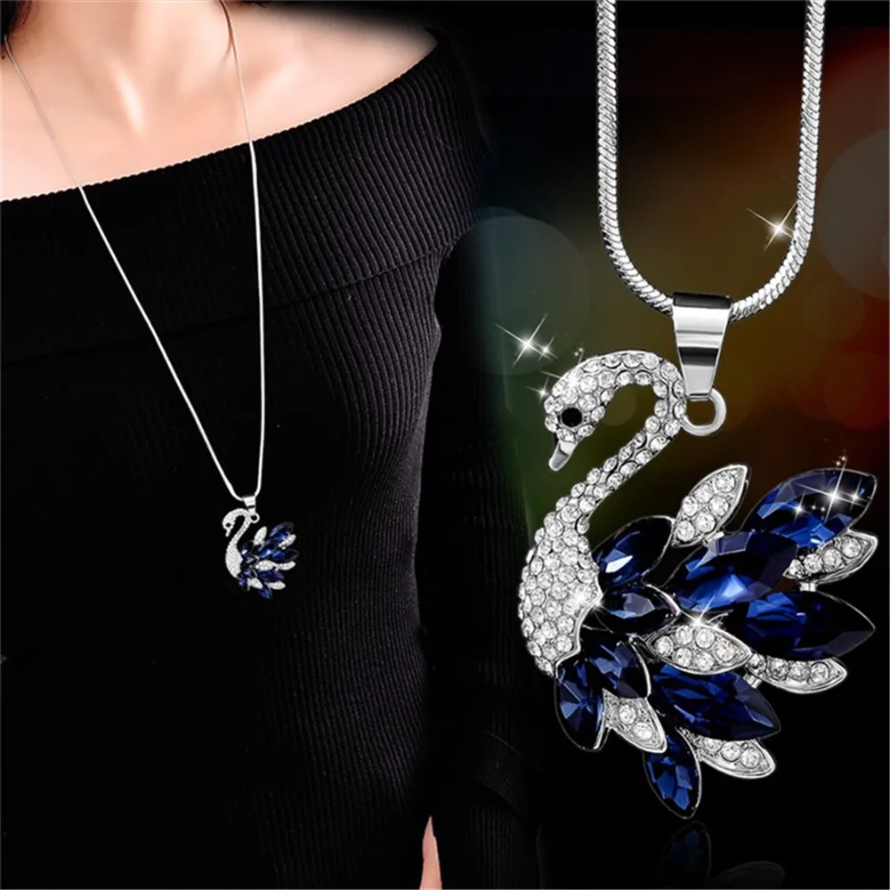 

Elegant Blue White Swan Big Crystal Pendants & Necklaces For Women Geometric Maxi Rhombus Sweater Chain Necklace A528