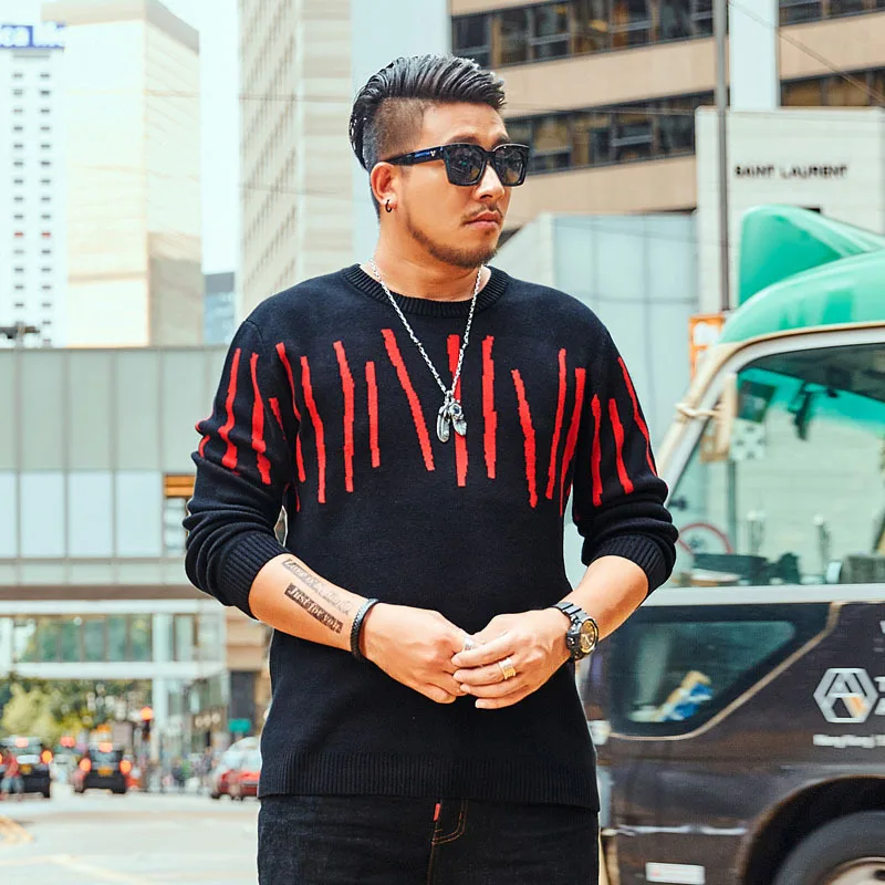 

new tide brand Large size Men's Sweater Autumn and Winter Striped Long-sleeved Knitted Sweater More size XXL-6XL 7XL