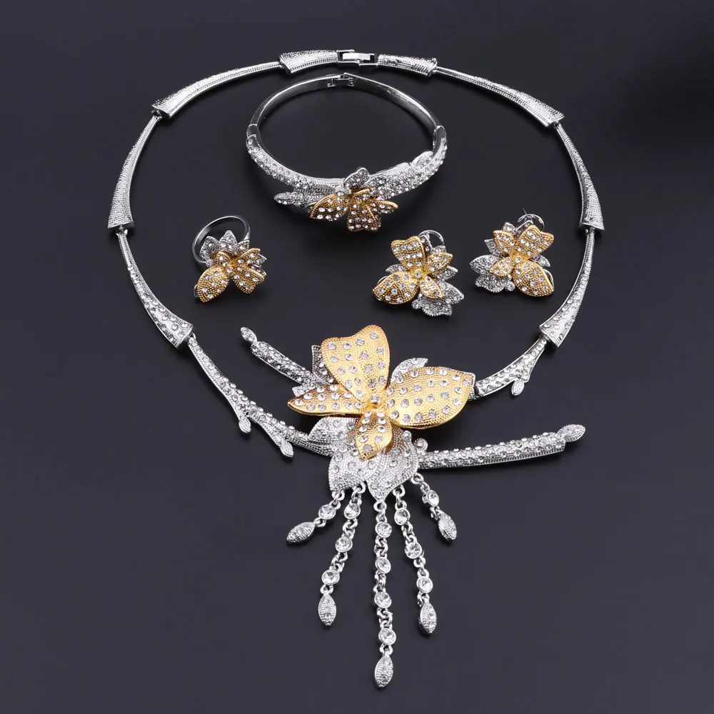 Свадебный подарок нигерийская Свадьба кисточкой ожерелье серьги кольцо браслет ювелирные изделия Мода Дубай кристалл костюм дизайн цветок ювелирный набор