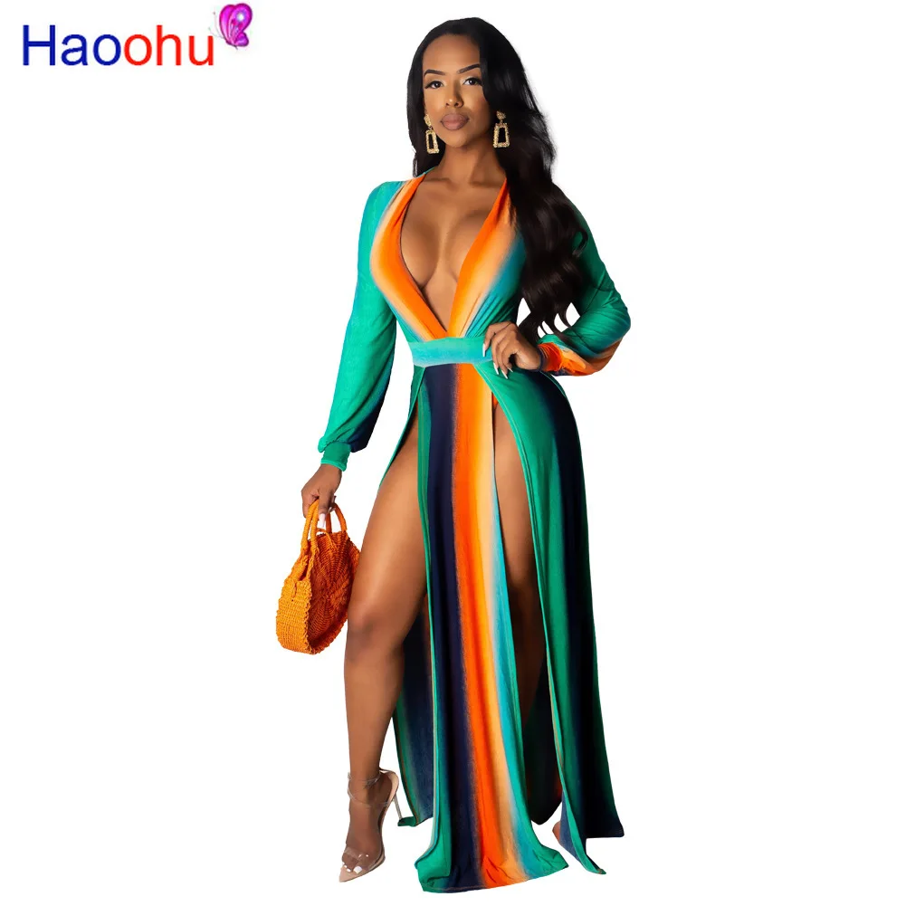 

HAOOHU Summer Women Fashion Boho Long Maxi Dress Girl Striped Beach Dresses Colorful Rainbow Splits Dress Vestido