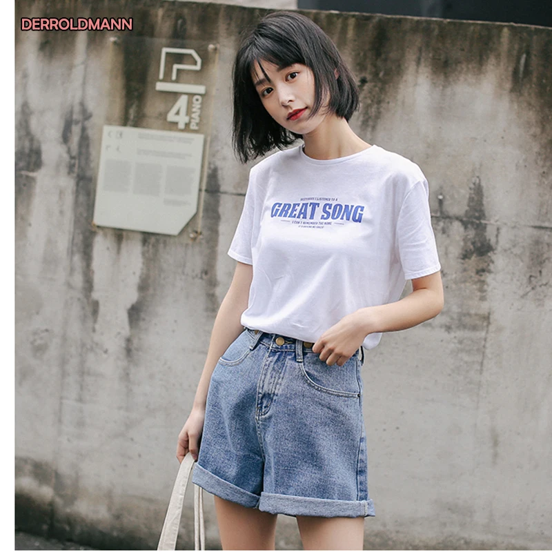 

Spring Summer Korean Short Pants Jean Adjustable Waistline and Button Zipper Loose High Waist Soft Comfortable Denim Women