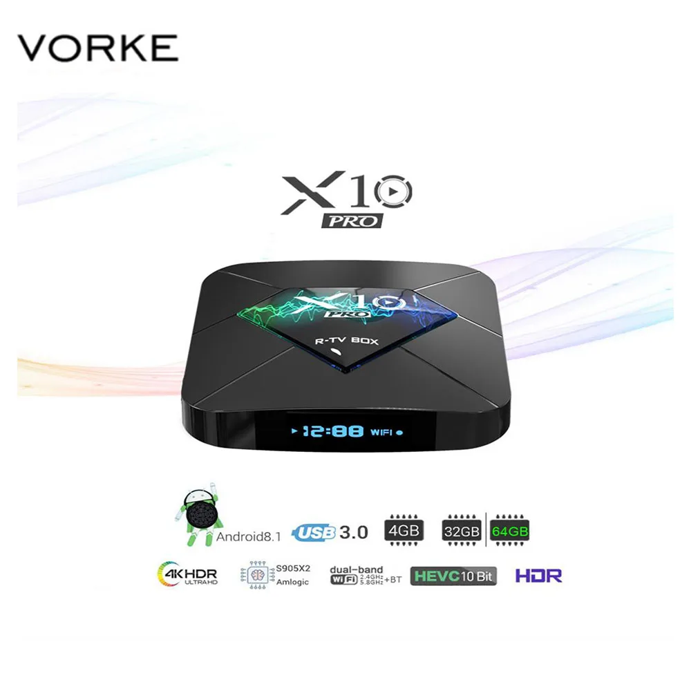 

Vorke R-TV BOX X10 PRO Android Smart TV Box Amlogic S905X2 4G/32G 4G/64G TV Box 2.4G+5G WIFI Bluetooth Android 8.1 LED display