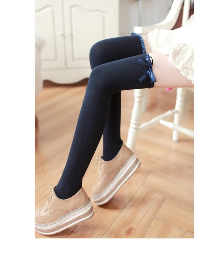 Прелестные модные туфли хлопковые колготки мягкие кружевные ленты чулки с бантами сапоги до колена для девочек женские леггинсы выше