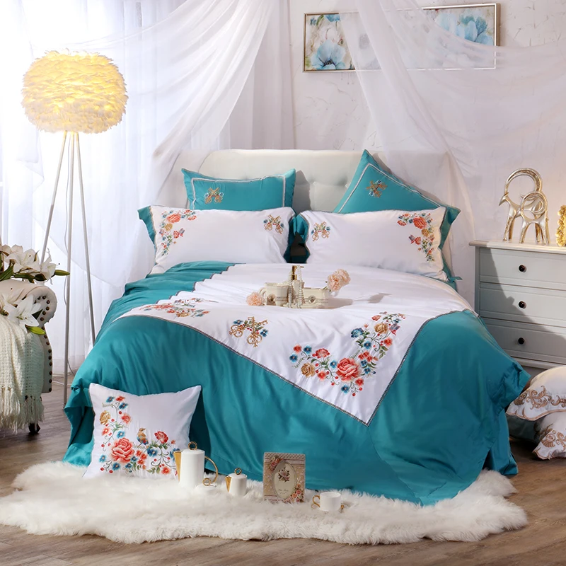 

white luxury Flower Embroidery 80S Egypt Cotton Bedding set Duvet Cover Bed Linen Bed sheet Pillowcases Queen King size 4/7pcs