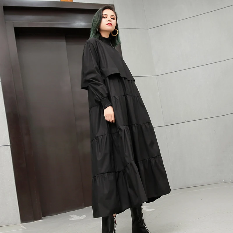 Tanie CHICEVER 2019 jesień czarna sukienka dla kobiet luźne duże rozmiary elastyczny kołnierz z długim rękawem damskie sukienki ubrania damskie moda nowy