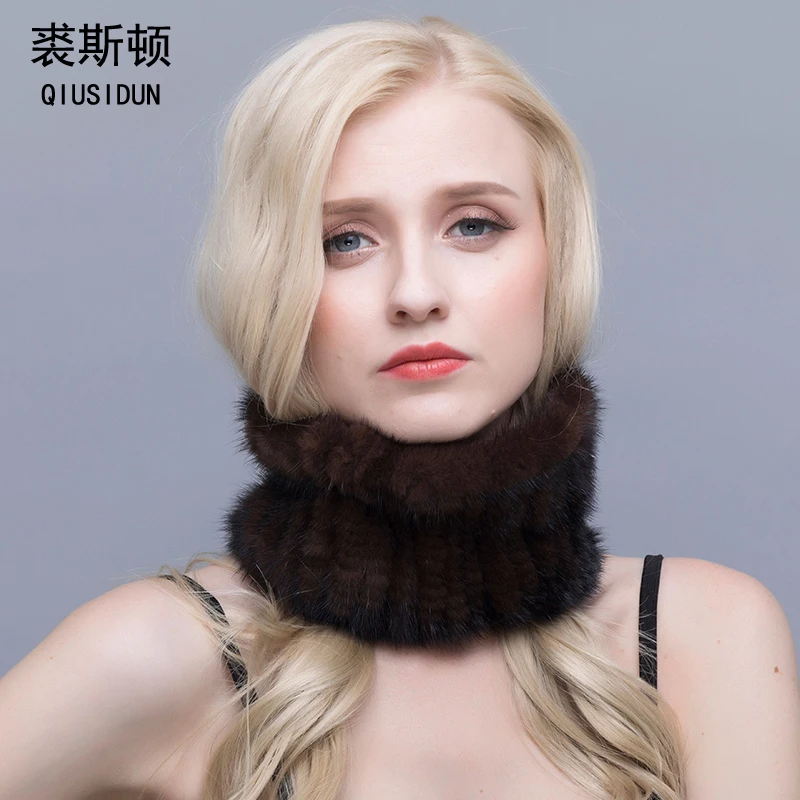 QIUSIDUN натуральный мех шарф Зимний женский теплый норковый вязаный шарф женский модный меховой воротник мужской черный шарф женский модный