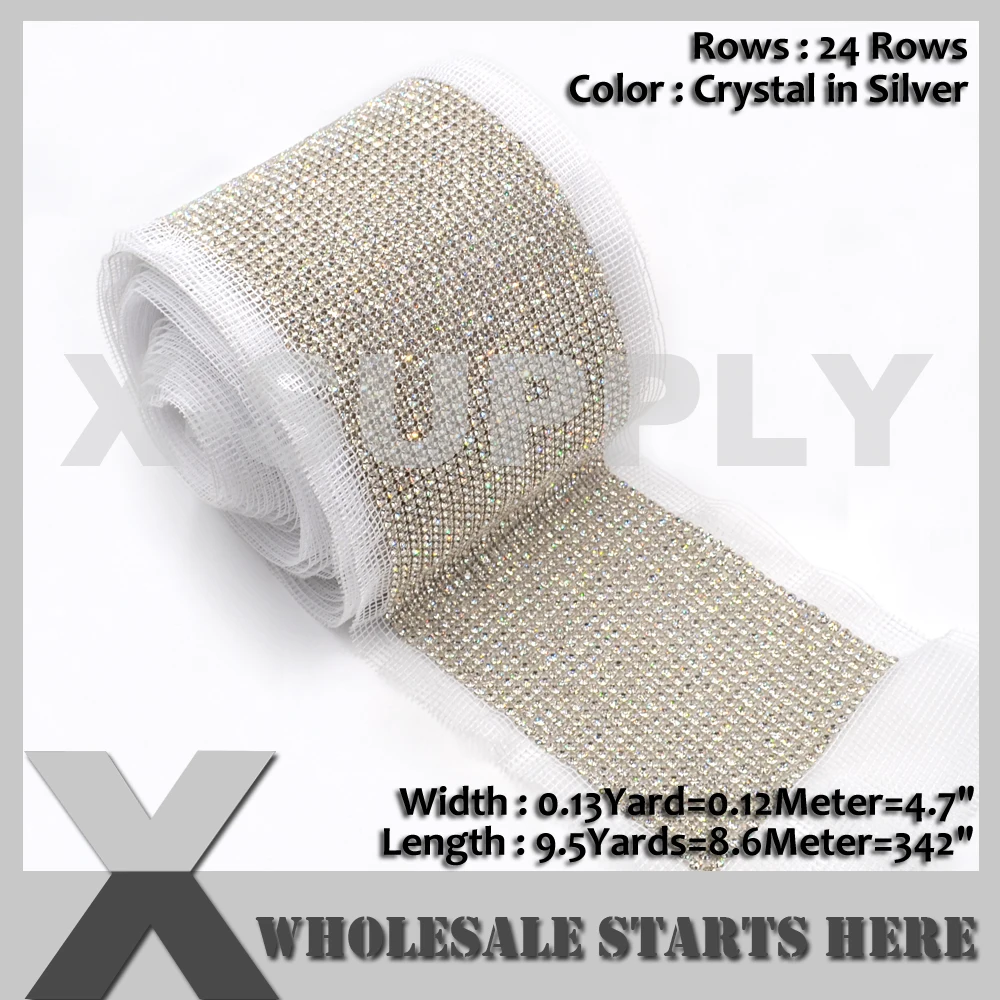 

(9.5Yards Length) 24 Rows Silver Crystal Rhinestone Banding Mesh with Net Fabric for Cake Decoration,Bridal Dress,Wedding,Shoes