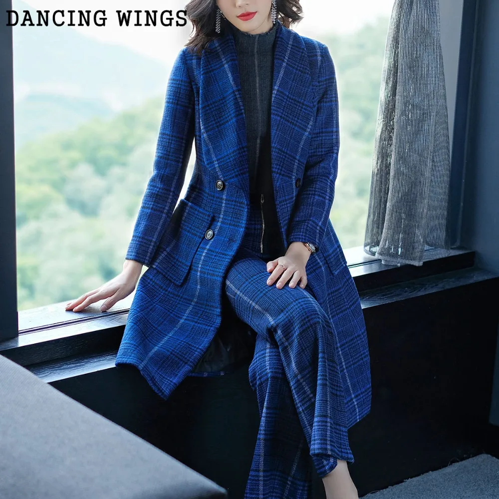 

Woolen Two Piece Set 2019 New Style Double-brested Long Wool Coat and Straight Wide Leg Pants Suits Women