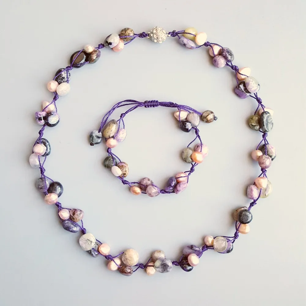 

Lily Jewelry Charoite Larimar Amethysts Citrines Freshwater Pearl Neckalce Bracelet One Set Women Jewelry