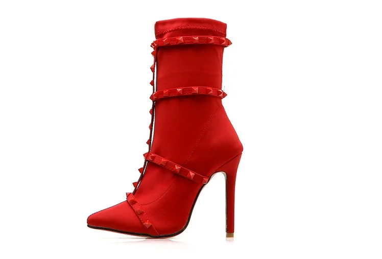 Botas mujer на осень-зиму пикантные до середины икры Женские ботинки обувь на высоком каблуке женские модные заклепки туфли-лодочки с острым носком черный, красный Большие размеры