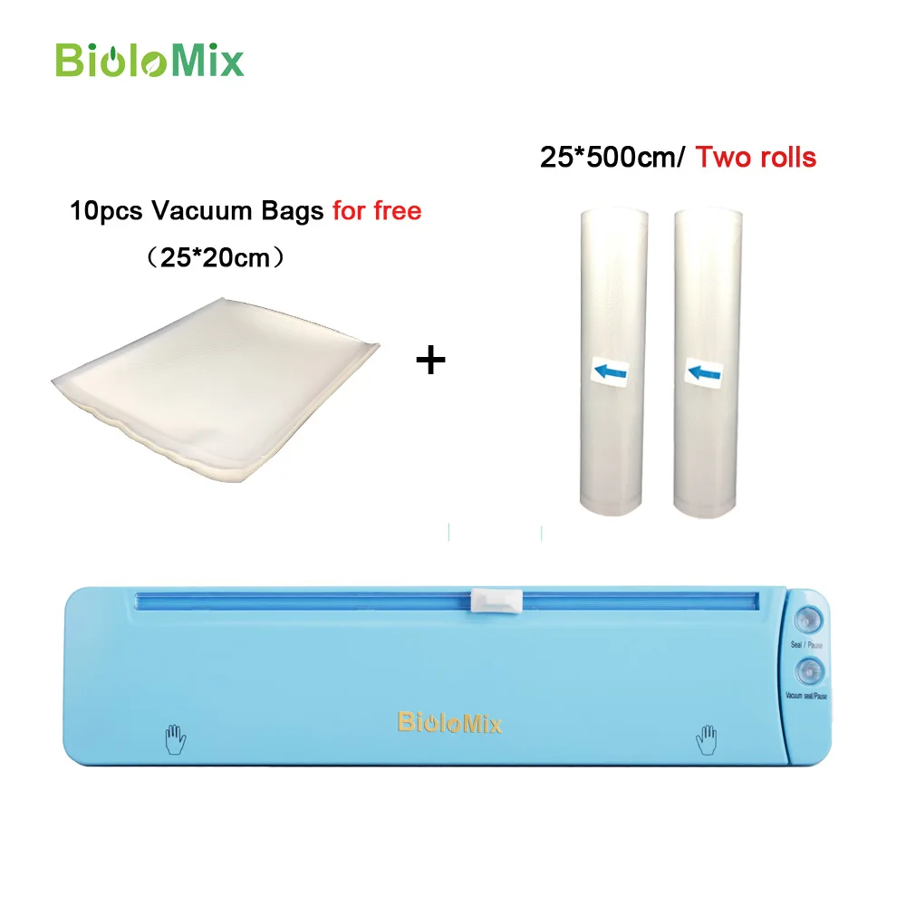 Вакуумный упаковщик со встроенным резаком 220 В автоматическая упаковочная машина для пищевых продуктов 10 бесплатных пакетов лучший вакуумный упаковщик для кухни синий Biolomix - Цвет: with extra 2roll