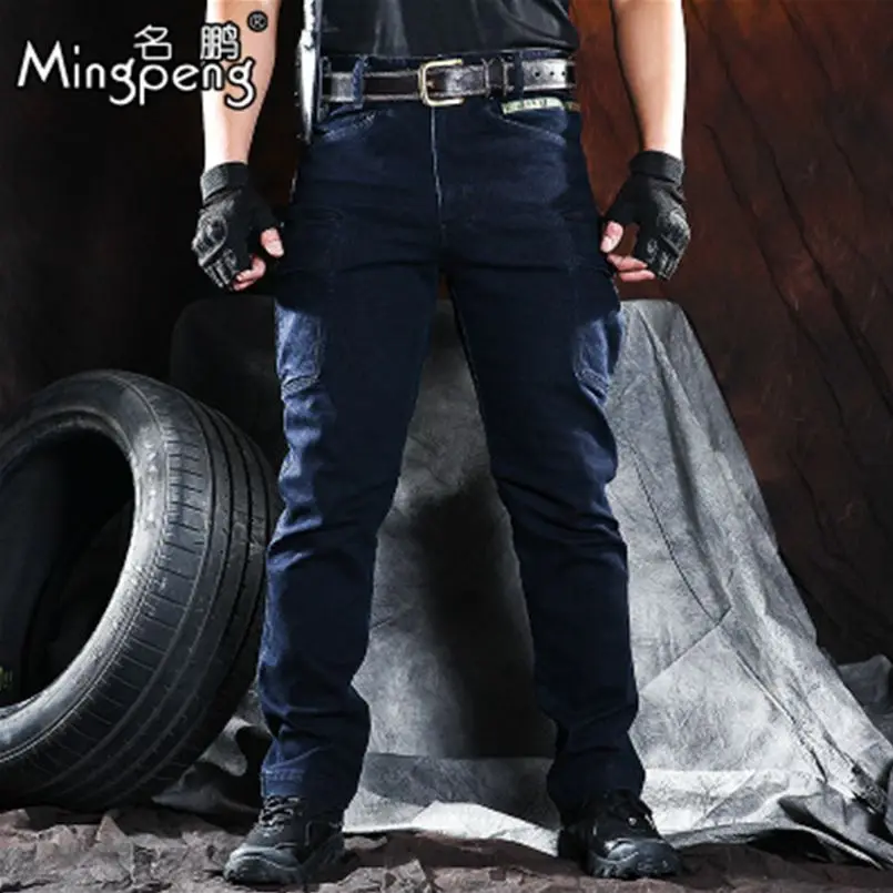 Мужские военные армейские карго джинсы, тактические армейские брюки, мужские повседневные мотоциклетные джинсы, байкерские джинсы, Стрейчевые штаны с несколькими карманами - Цвет: Dark Blue