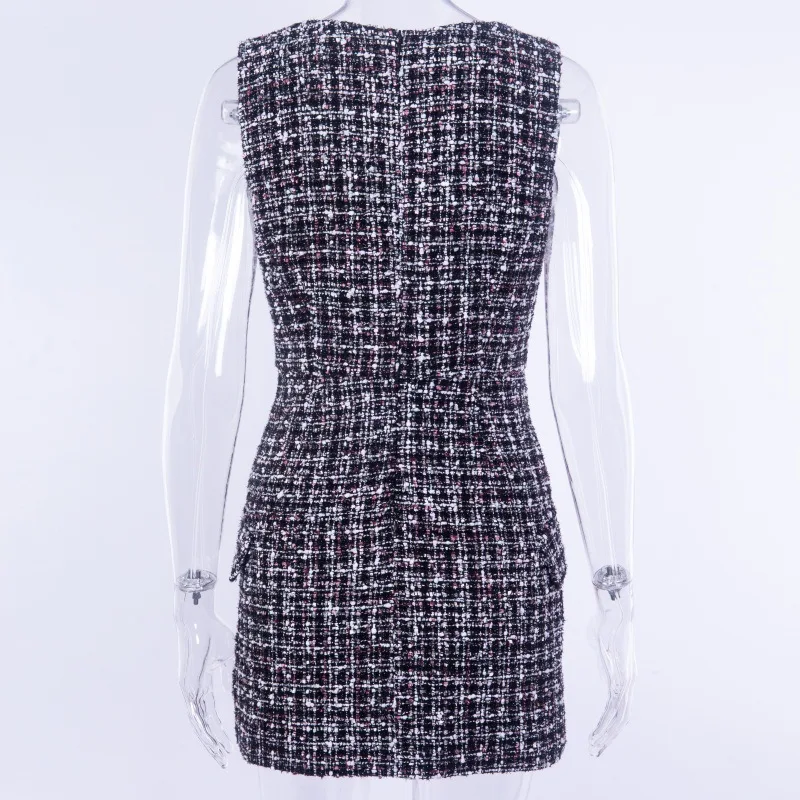 CWLSP осенне-зимнее клетчатое обтягивающее твидовое платье двубортное платье на молнии сзади уличная одежда трапециевидной формы vetement femme QL4179